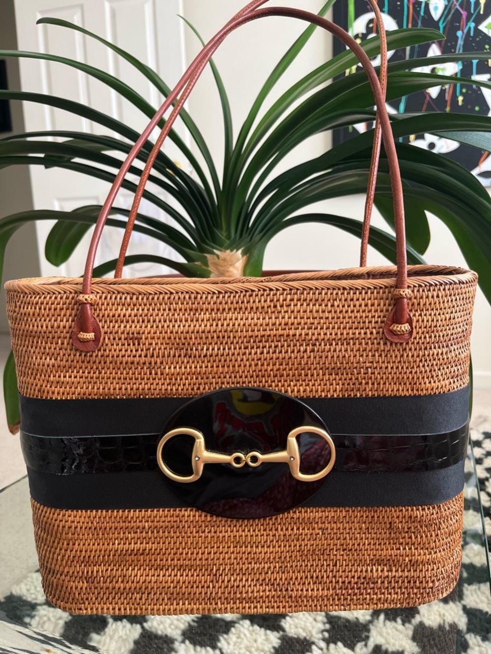 Woven Brown Straw Tote with Black Trim and Gold Bit
